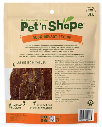 Friandise Pet 'n Shape poitrine de canard jerky, sachet refermable préservant la fraîcheur.