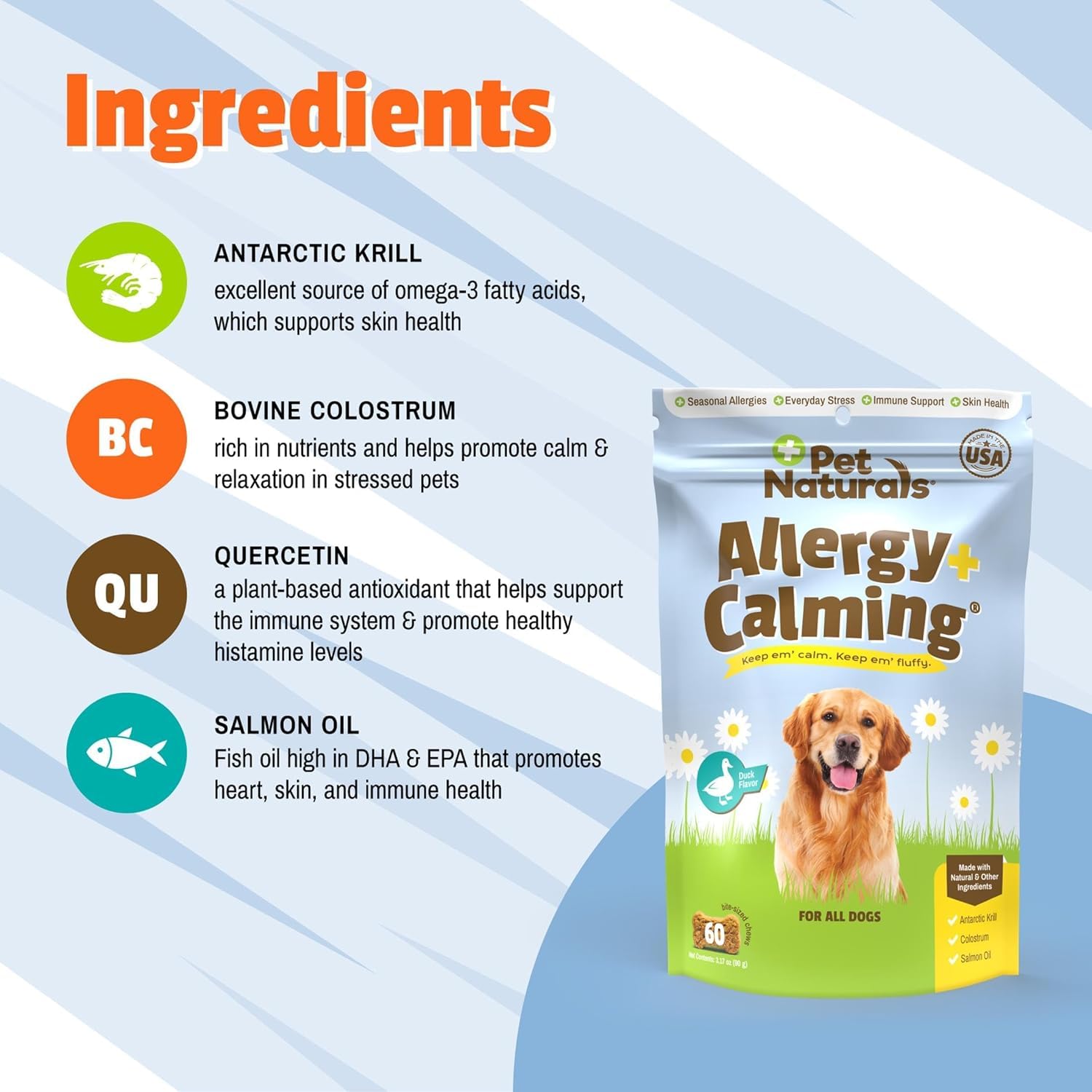 etiquette et emballage Pet Naturals Allergy Plus Calming, informations claires