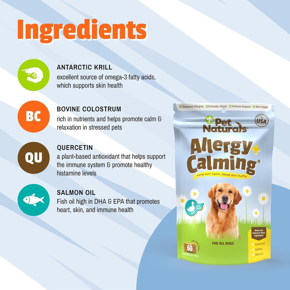 etiquette et emballage Pet Naturals Allergy Plus Calming, informations claires