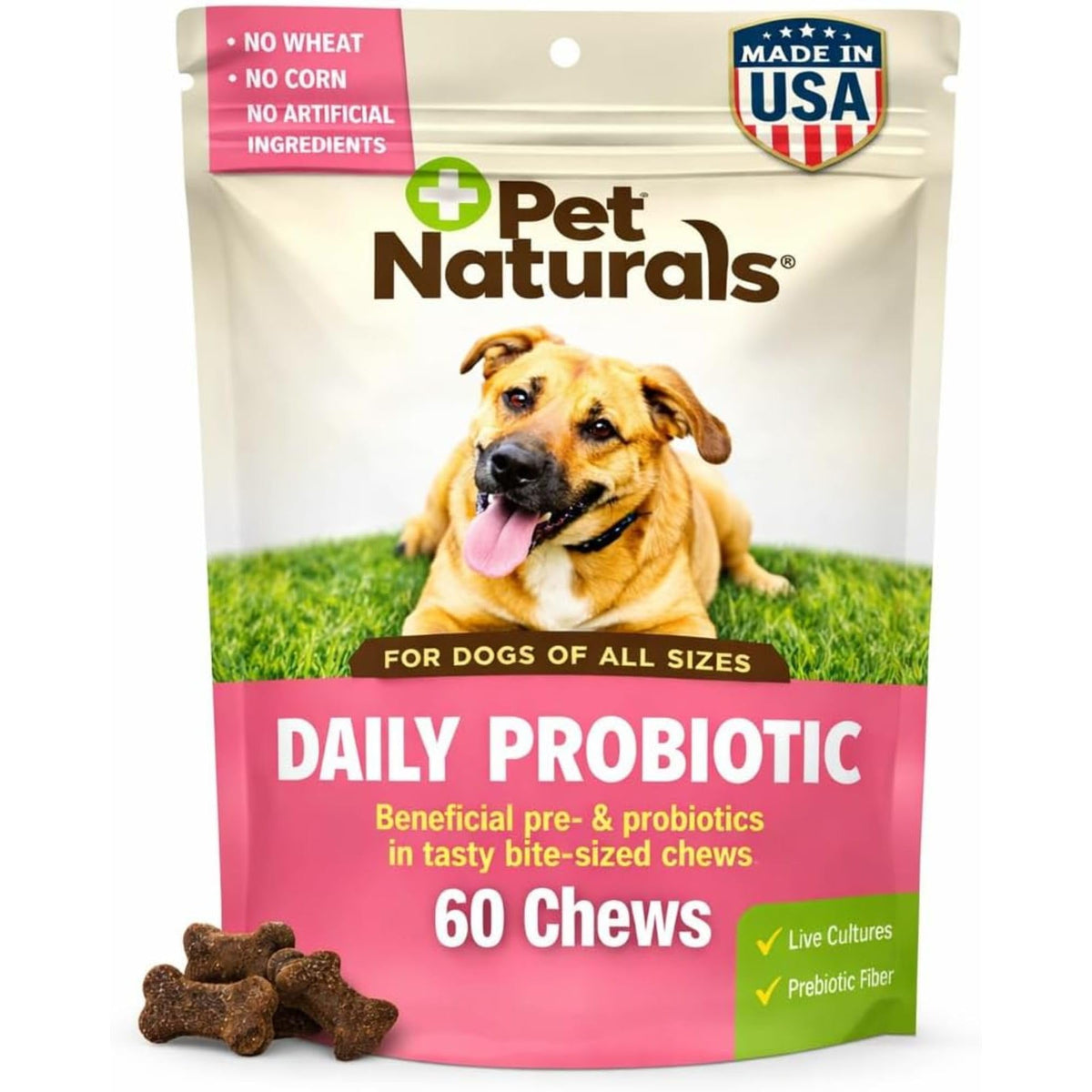 Pet Naturals - bouchées probiotiques chiens au canard, soutien digestif potentiel.