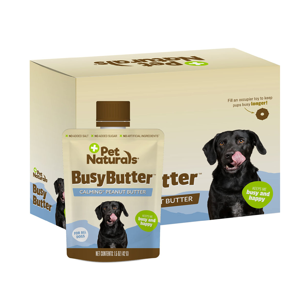 BusyButter de Pet Naturals, poche ouverte, friandise apaisante pour chien.
