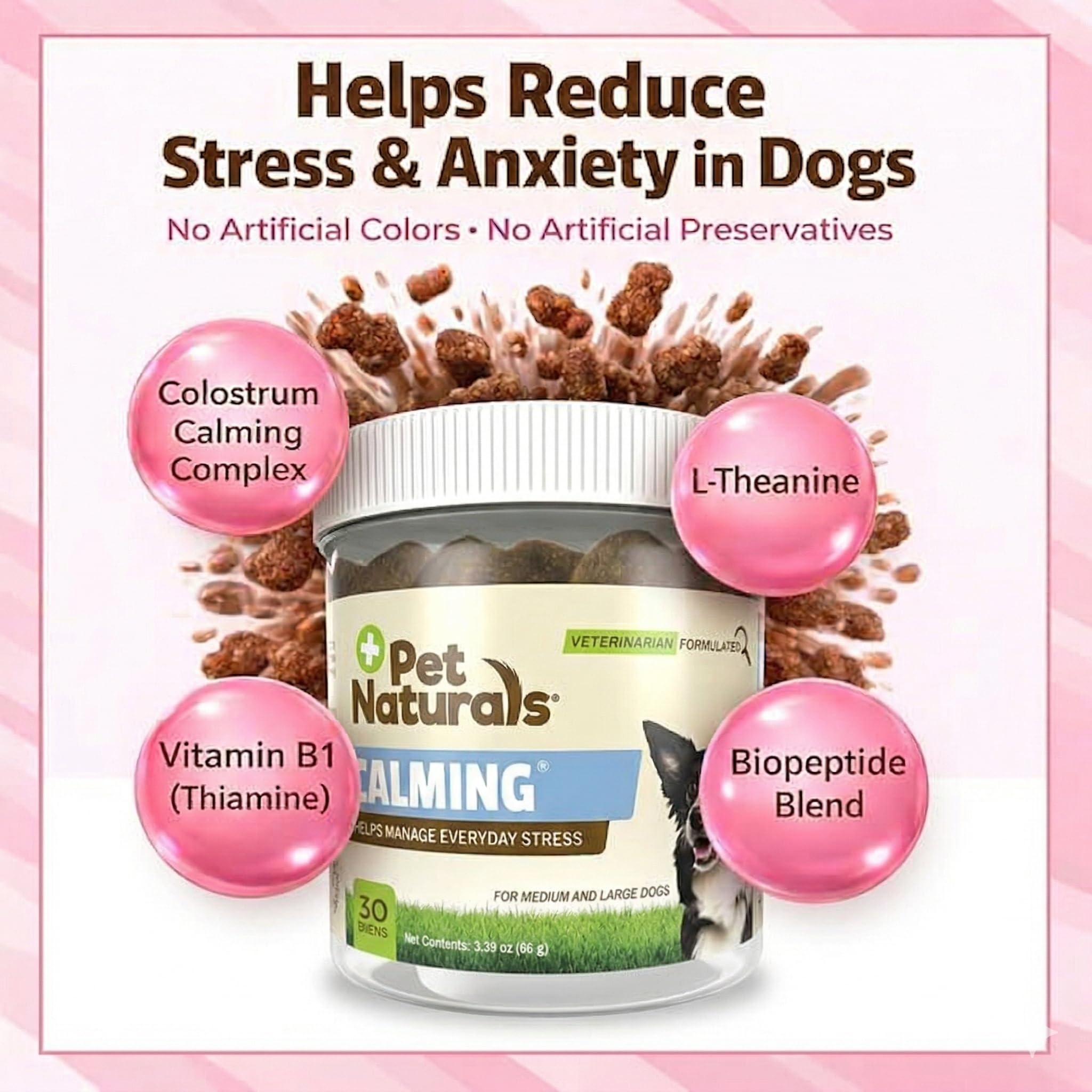Bouchées goût poulet Pet Naturals Calming Chews, faciles à donner.