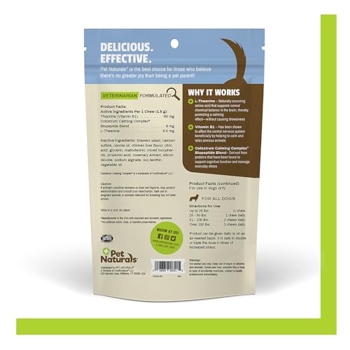 Gros plan sur les bouchées calmantes Pet Naturals pour chiens, goût apprécié.