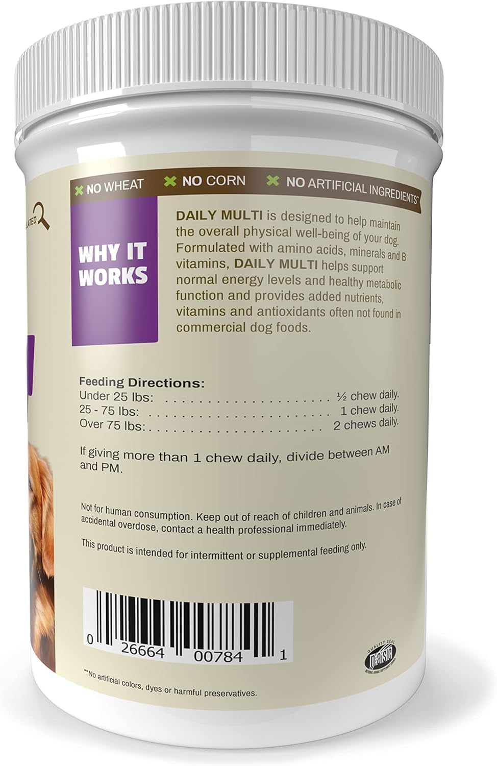 Fabriqué aux États-Unis; Pet Naturals Daily Multi; normes de qualité et traçabilité.
