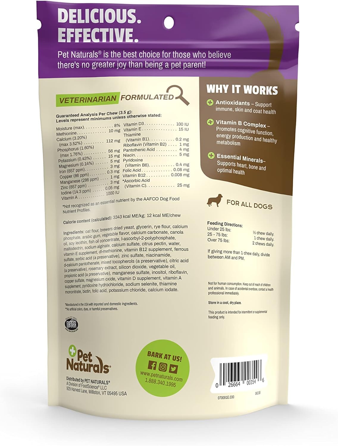 Ingrédients de qualité Pet Naturals Daily Multi pour peau, pelage et énergie.