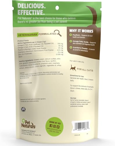Pet Naturals Hairball Soft Chews pour pelage brillant et sain.