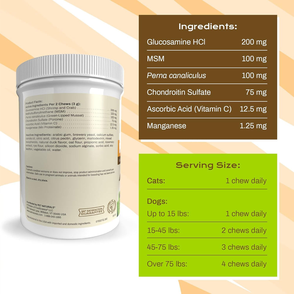 Pet Naturals Hip + Joint – emballage clair, idéal pour familles avec plusieurs animaux.