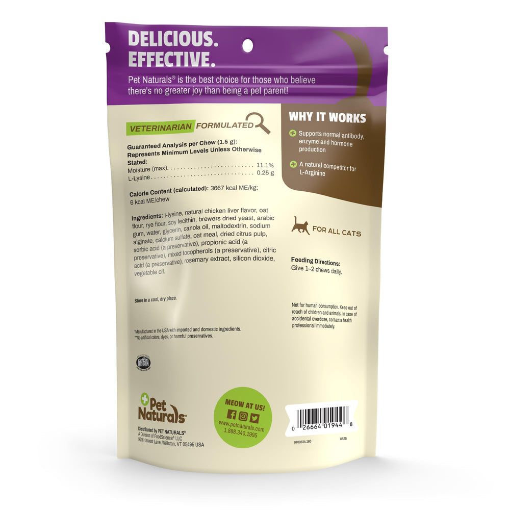 Pet Naturals Lysine Soft Chews sans colorants artificiels, choix sûr pour chats sensibles.