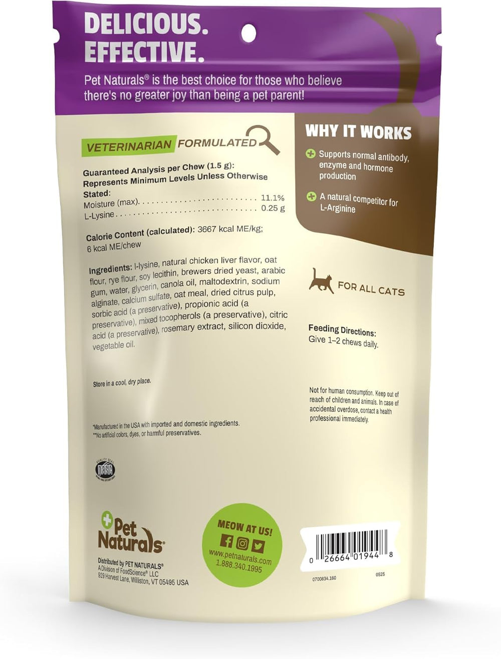 Usage quotidien chat avec Pet Naturals Lysine Soft Chews pour soutien immunitaire.