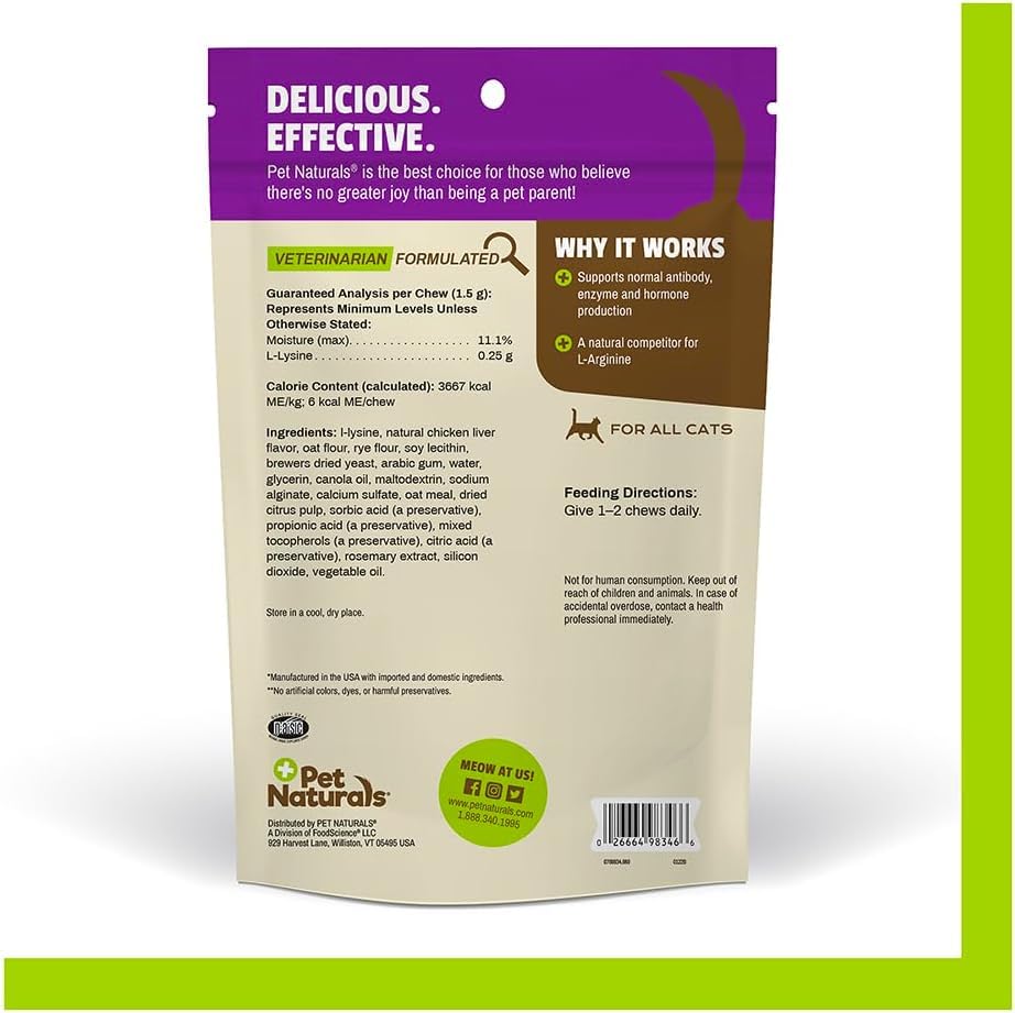 Utilisation quotidienne facile de Pet Naturals Lysine pour les chats en foyer.