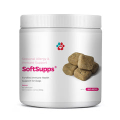 Pet Parents Allergy SoftSupps – bouteille affichée, soutien immunitaire pour chiens et peau saine.