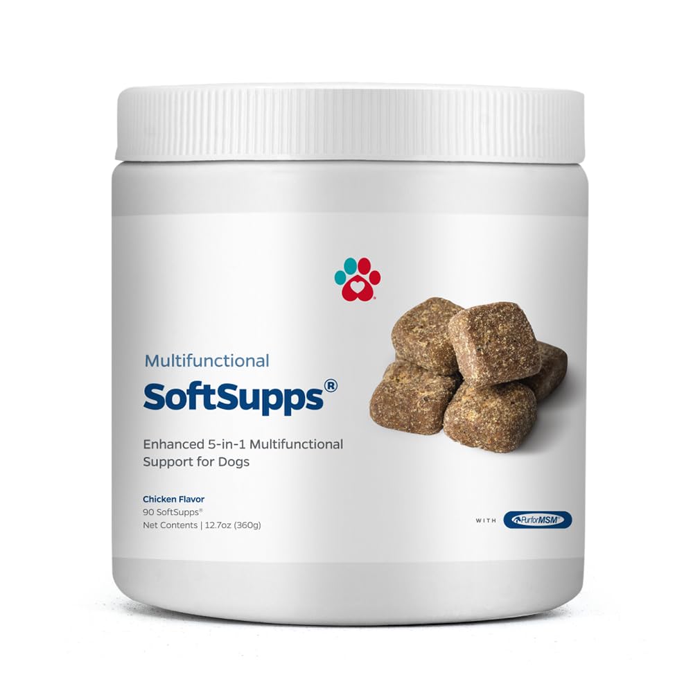 Pet Parents SoftSupps 5-en-1 en bouteille, soutien global quotidien pour chiens.