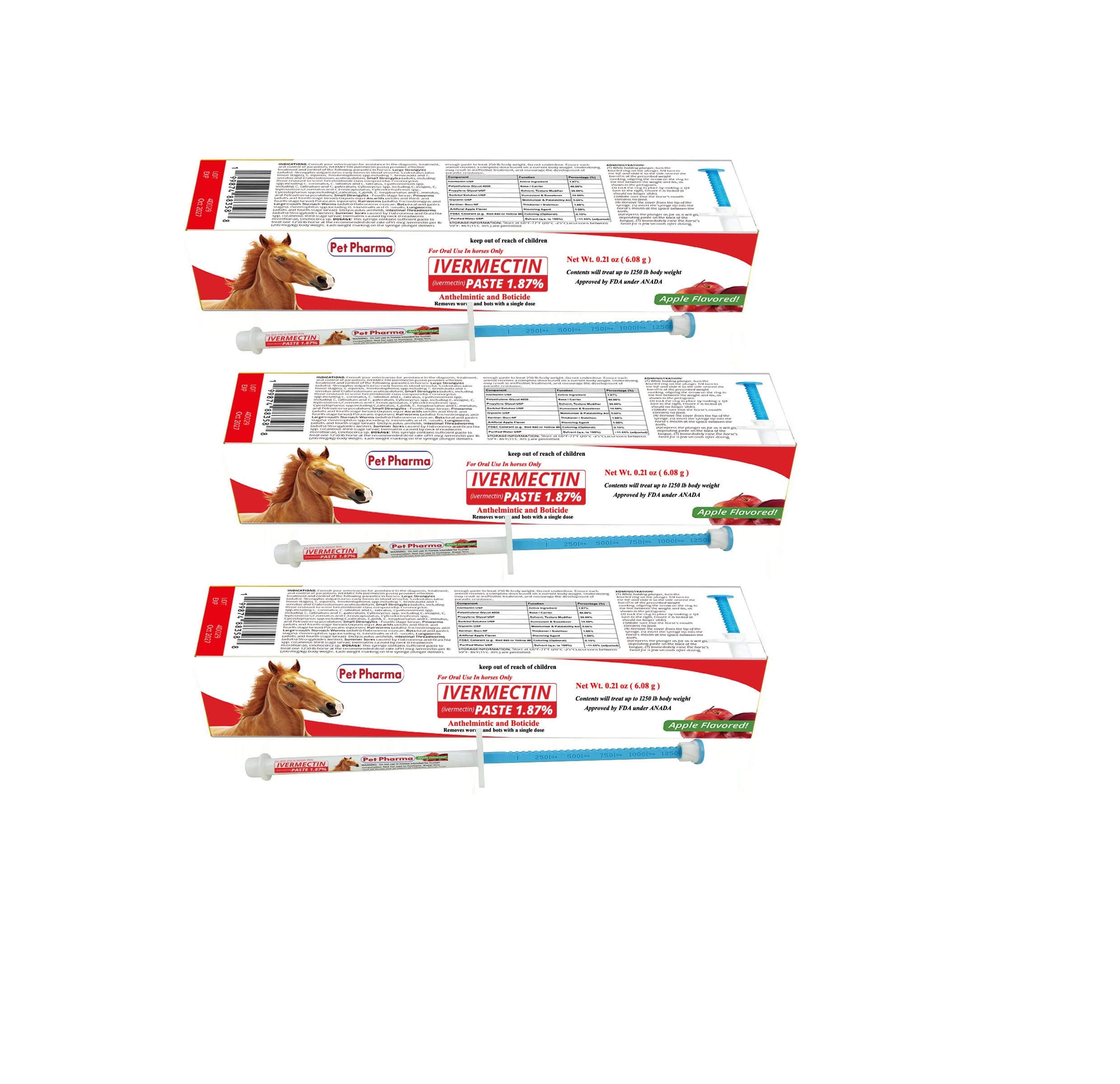 Pet Pharma pâte ivermectine pomme pour chevaux, administration orale facile.