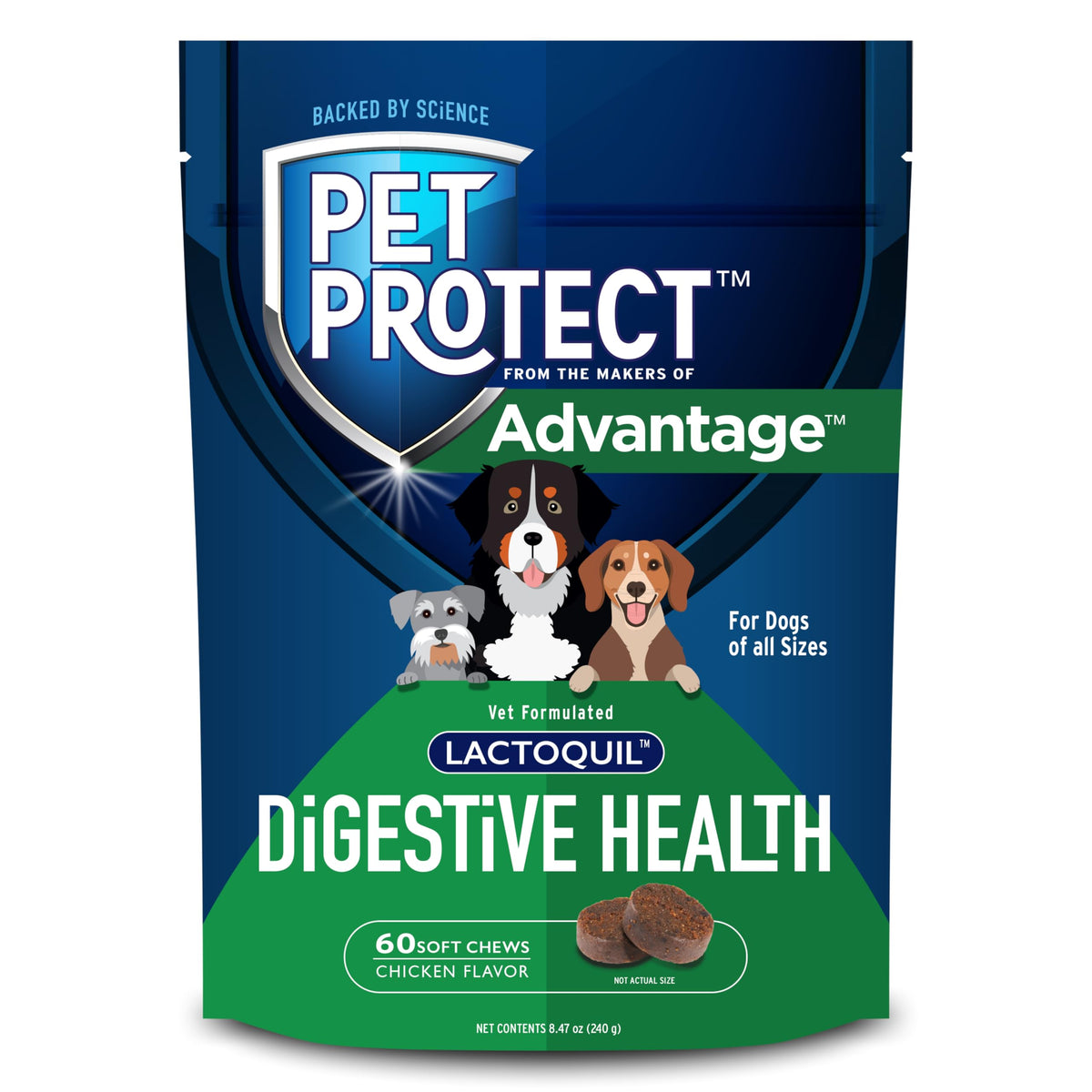 Pet Protect Digestive Health, emballage pratique pour la distribution quotidienne.