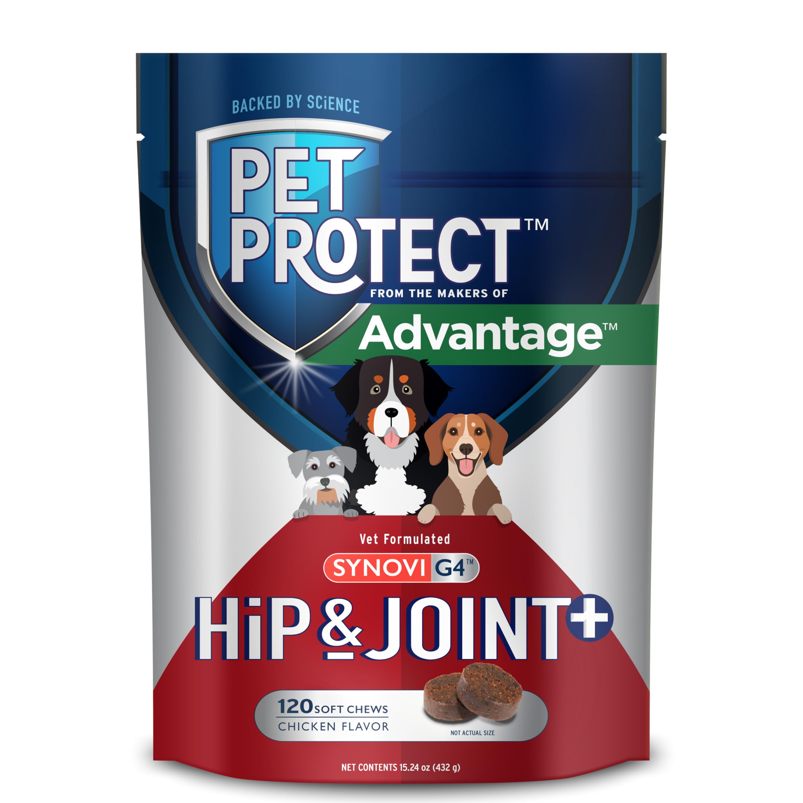 Pet Protect Hip & Joint+ friandises molles au poulet dans leur flacon.
