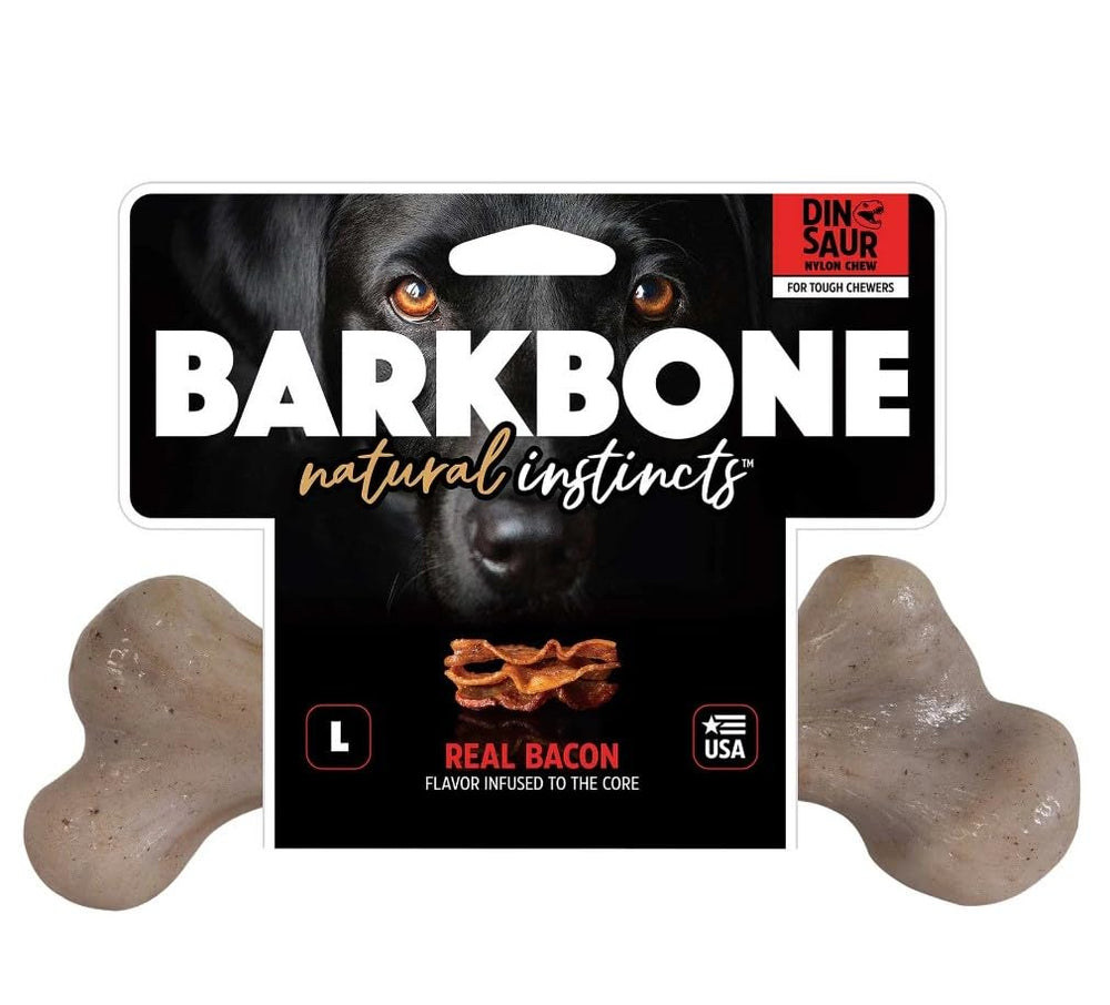 Pet Qwerks Dinosaur BarkBone saveur bacon, arôme durable pendant le mâchage.