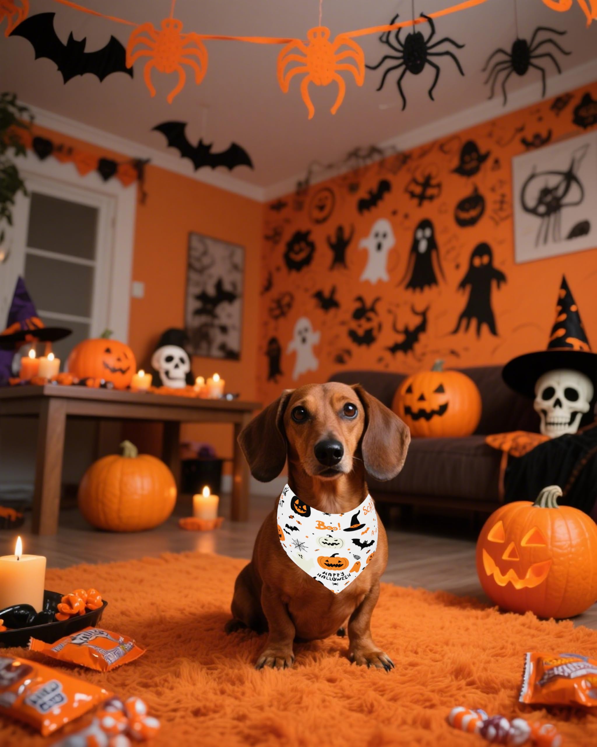 Bandana Halloween PET SHOW couleur orange pour chien — ambiance festive.