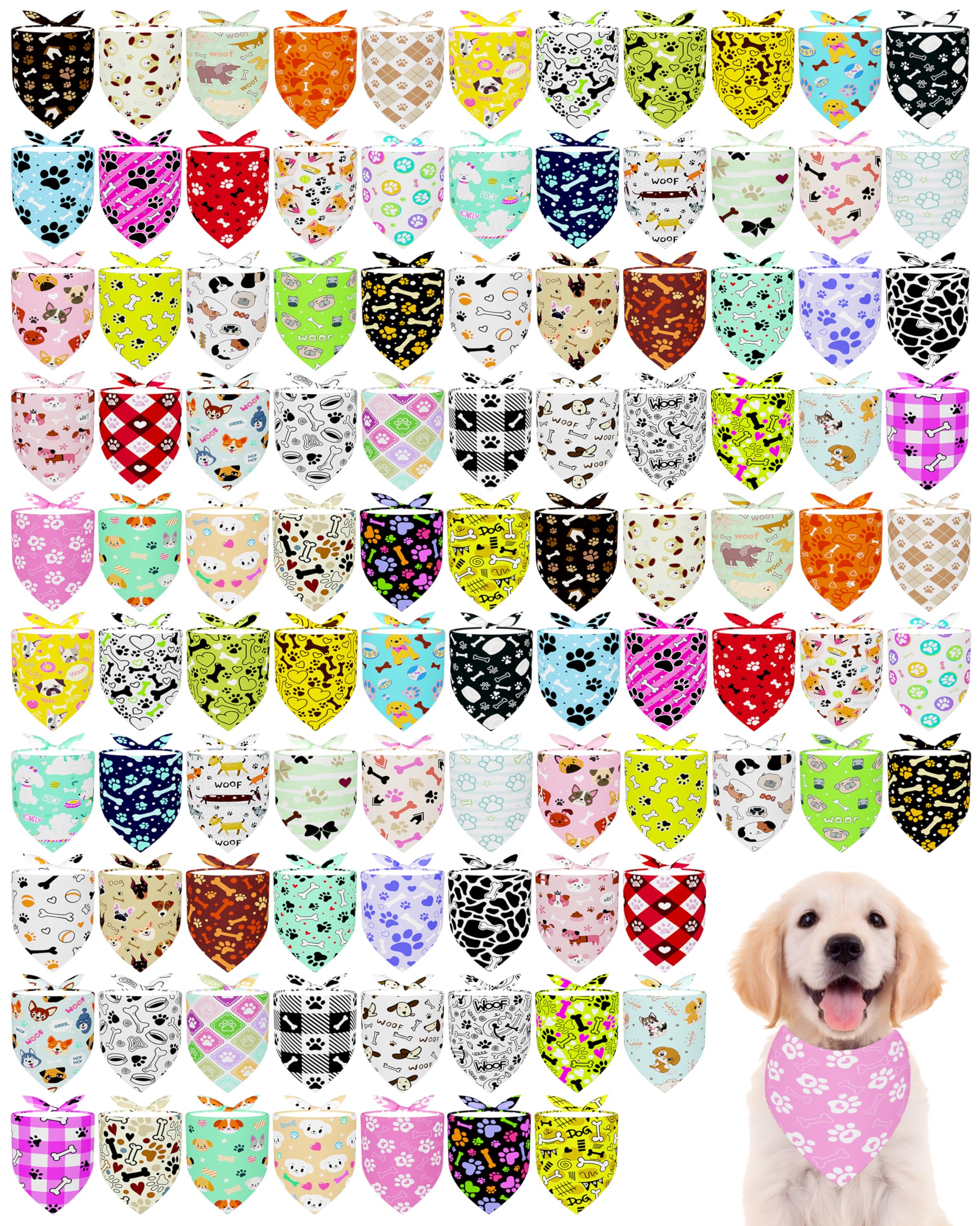 PET SHOW lot de 100 bandanas, motif patte, couleurs variées pour chien.