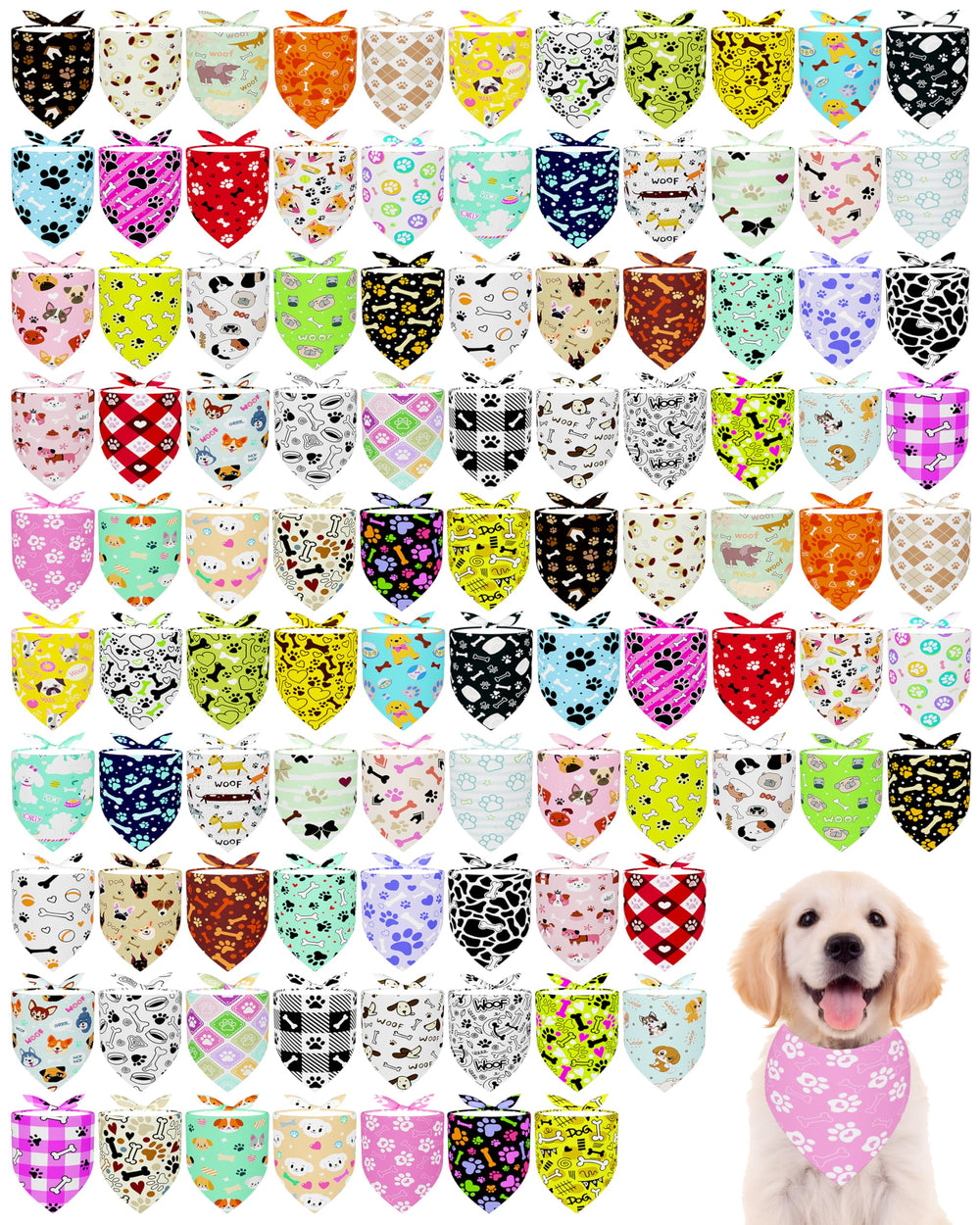 PET SHOW lot de 100 bandanas, motif patte, couleurs variées pour chien.