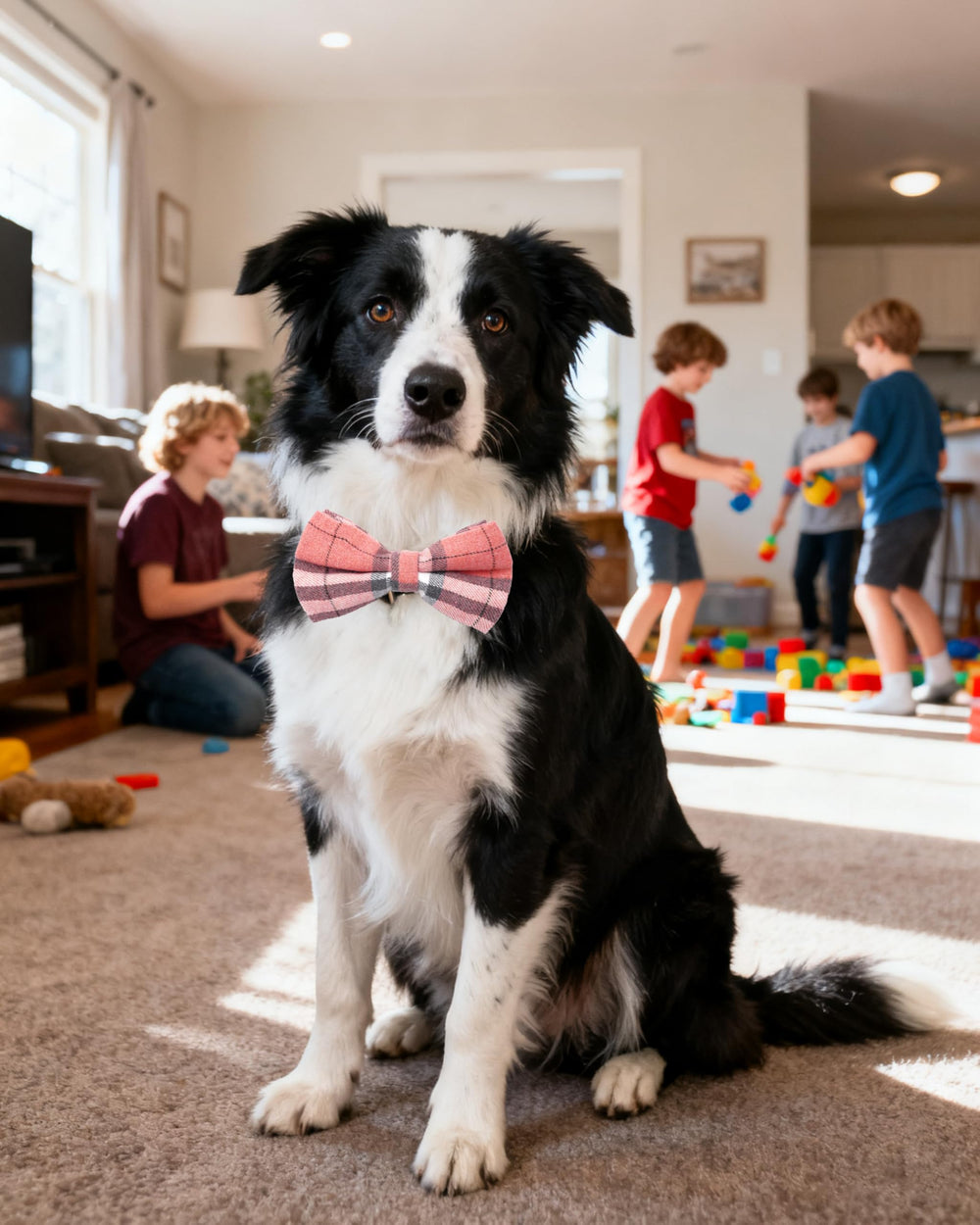 PET SHOW noeud papillon carreaux rose, touches festives pour chiens moyens.