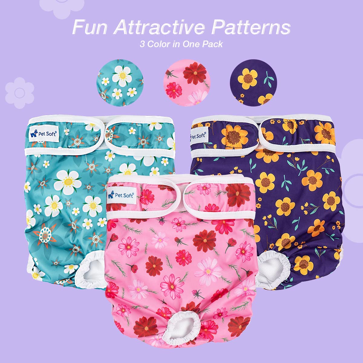 Pet Soft couche femelle chien lavable, bandes auto-agrippantes assurent un ajustement sûr.