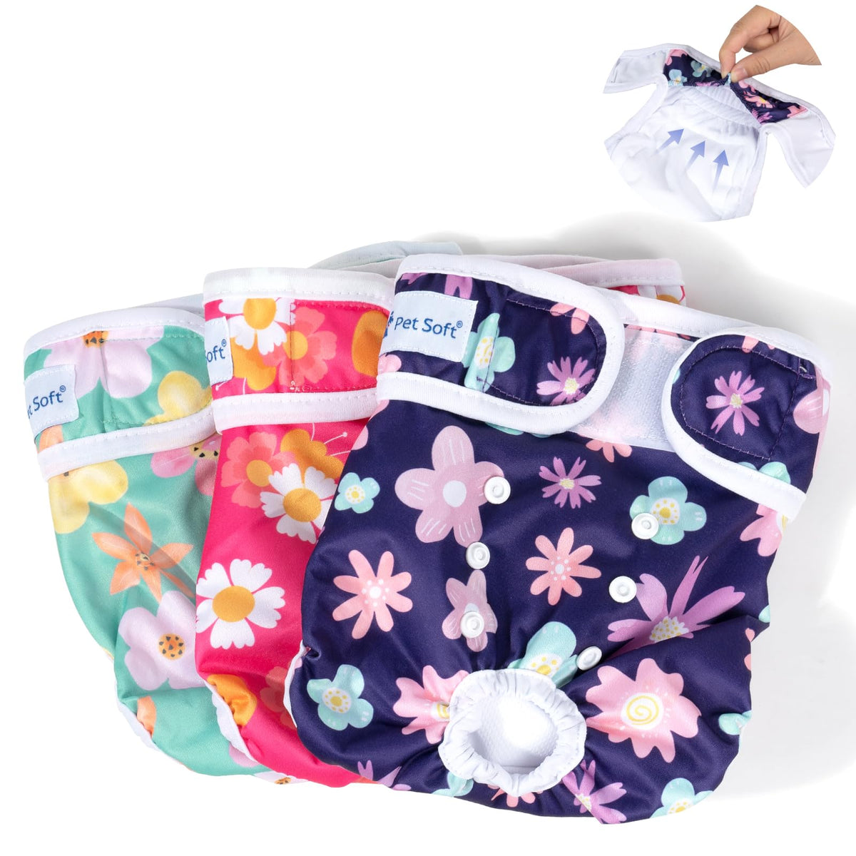 Pet Soft couches femelles bloom 3-pack montrant le motif floral et la protection