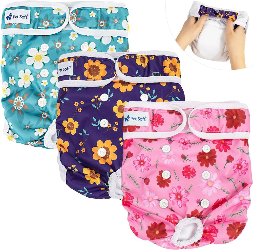 Pet Soft couches femelles réutilisables avec motifs fleurs pour petites chiennes.