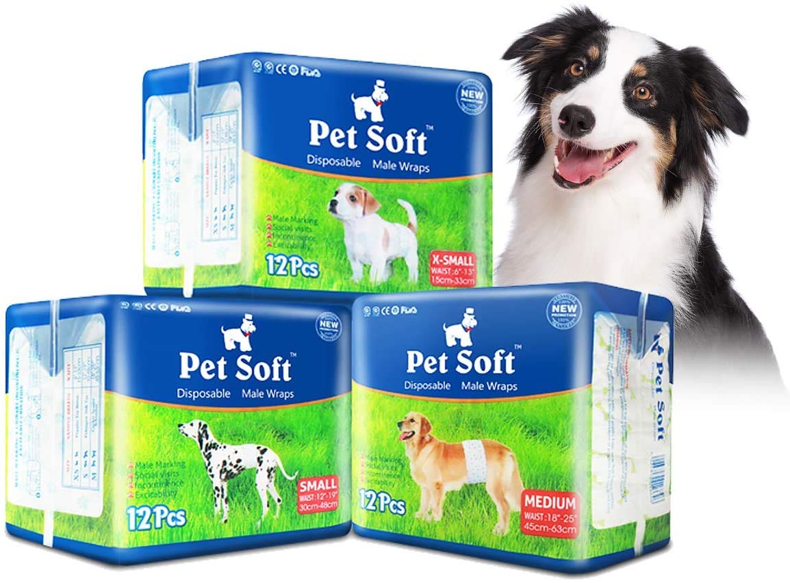 Pet Soft couches jetables pour chien mâle XS, emballage pratique et prêt à l’emploi.