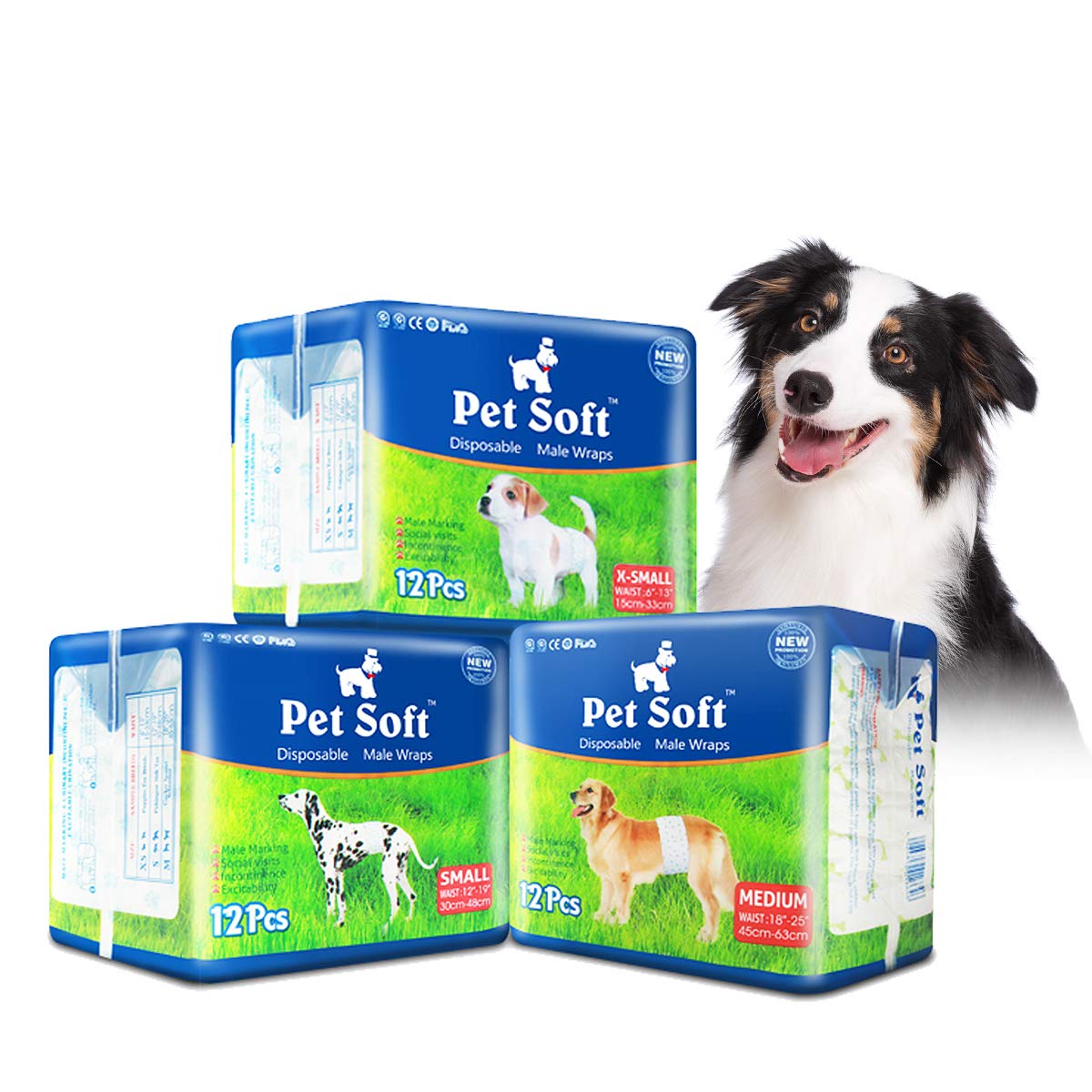 Pet Soft couches jetables pour chien mâle, tour de taille 30–48 cm, confort quotidien.