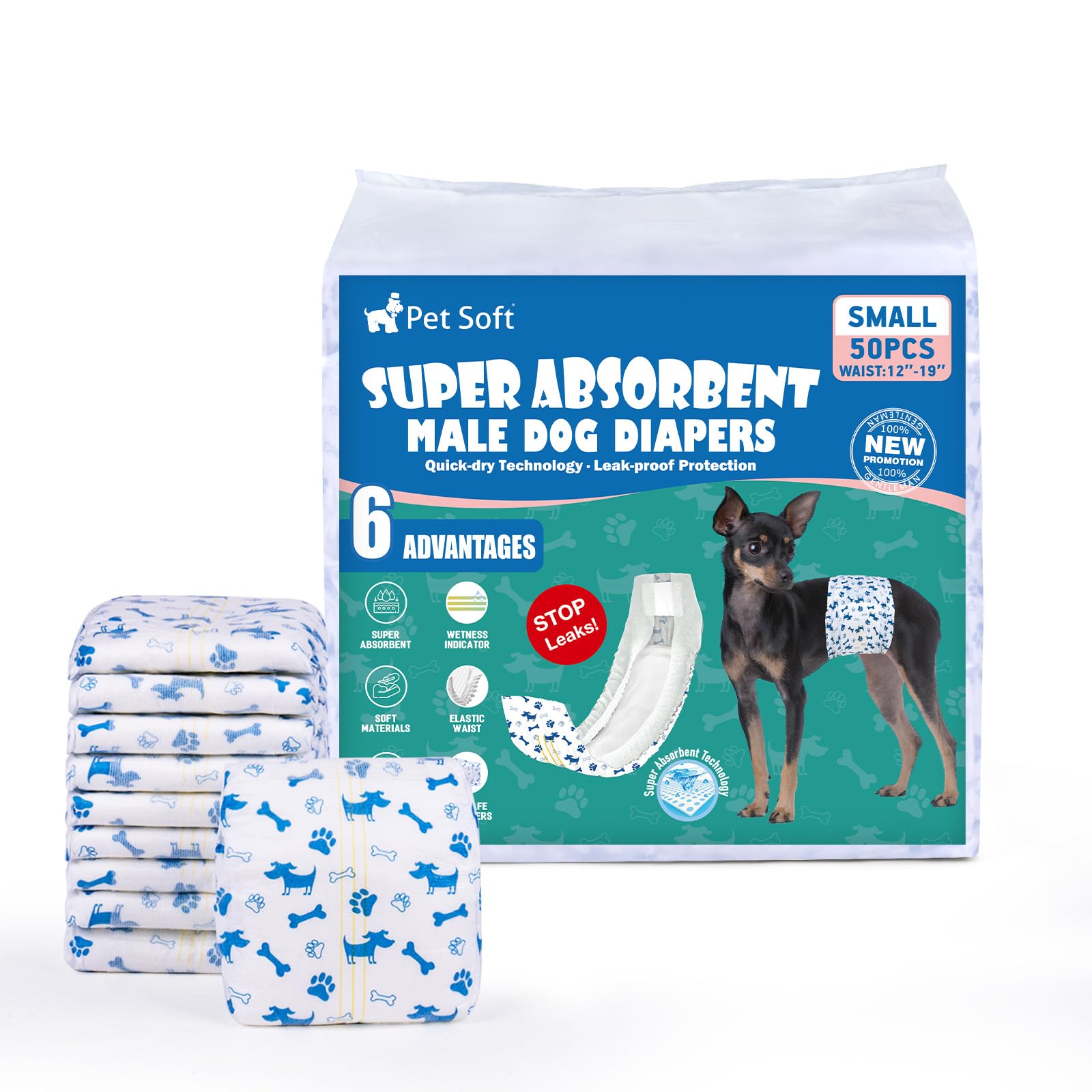 Pet Soft couches pour chien mâle dans un emballage pratique et clair.