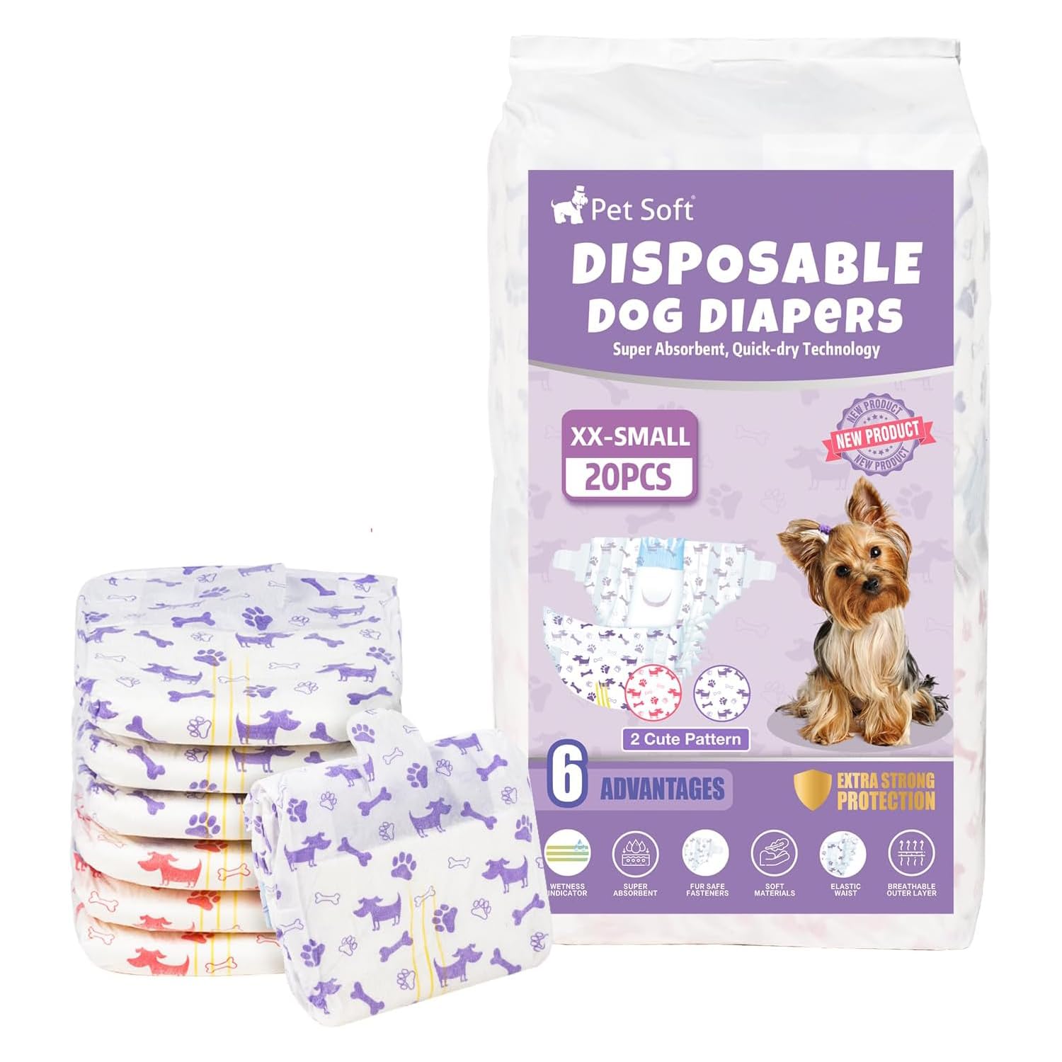 Pet Soft protections absorbantes XXS pour petits chiens, confort et absorption rapide.