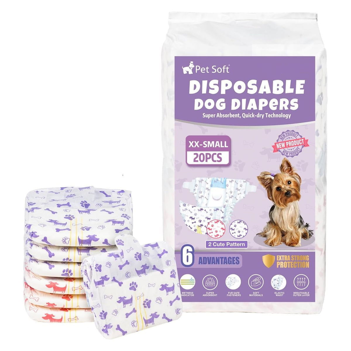 Pet Soft protections absorbantes XXS pour petits chiens, confort et absorption rapide.