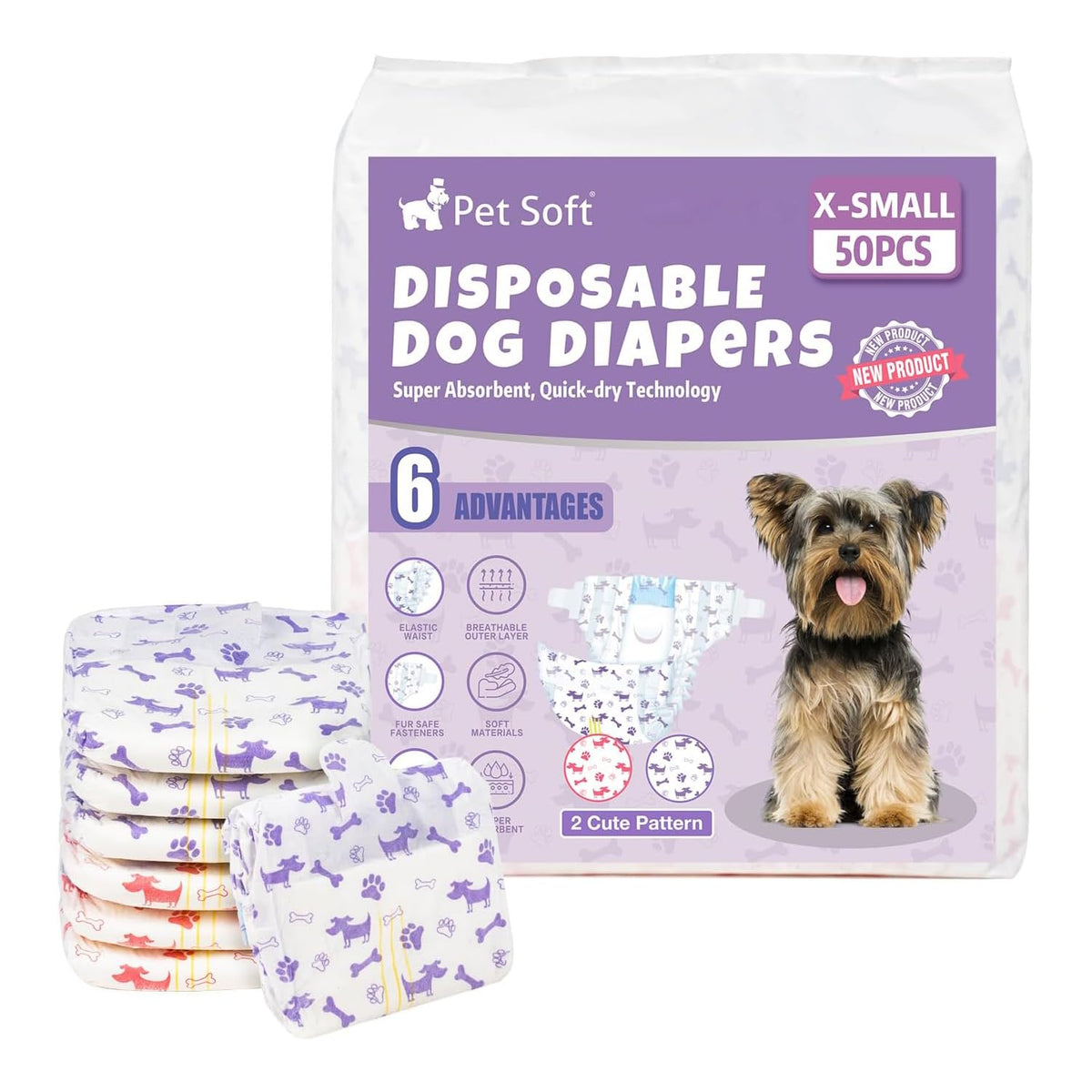 Pet Soft protections-chien-femelle pack-shot montrant l'emballage pratique et prêt à l'emploi.