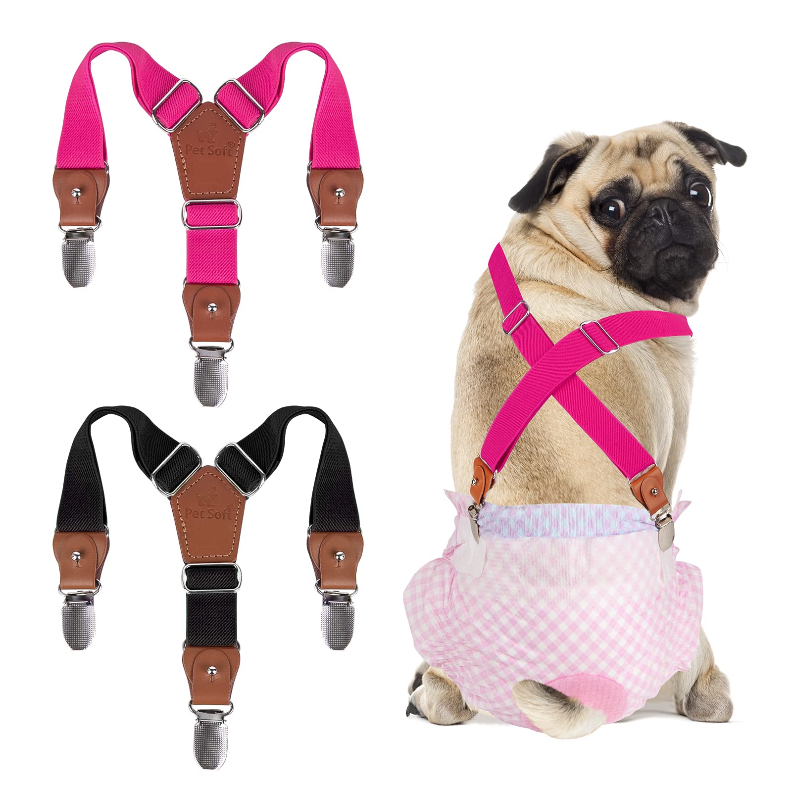 Pet Soft suspendeurs chien noir et rose, ensemble ajustable.