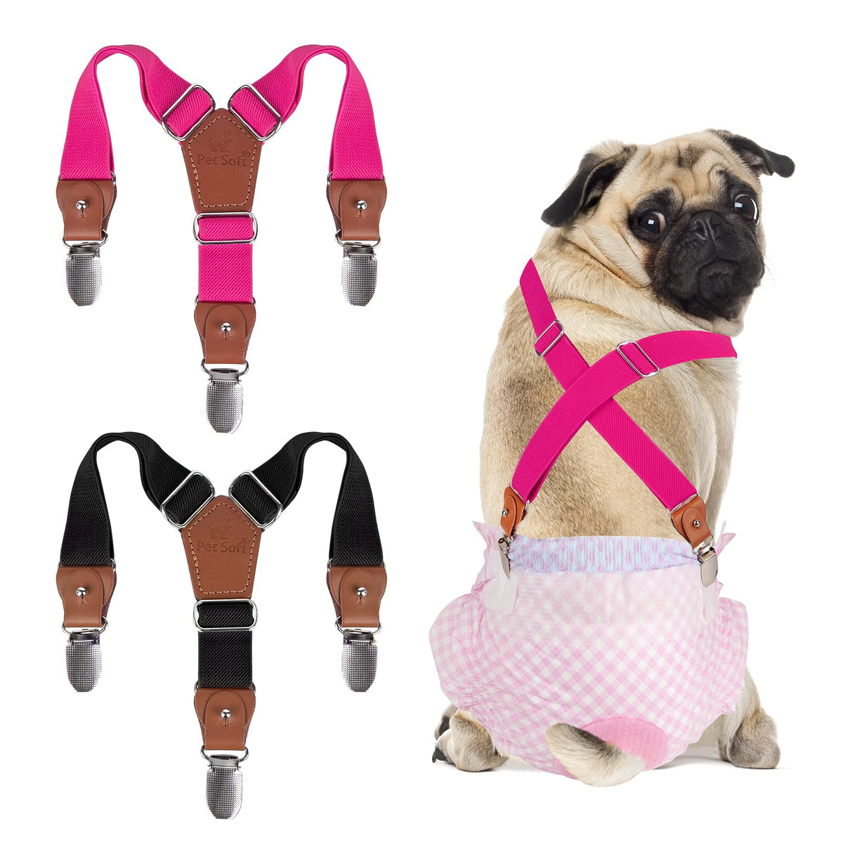 Pet Soft suspendeurs chien noir et rose, ensemble ajustable.