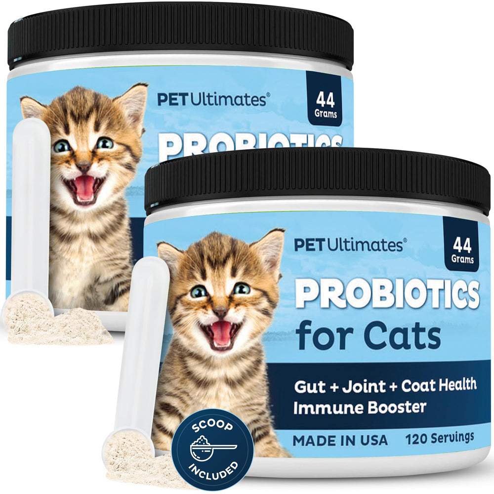 Pet Ultimates Probiotiques pour chats: bouteille de poudre prête à être ajoutée à la nourriture.