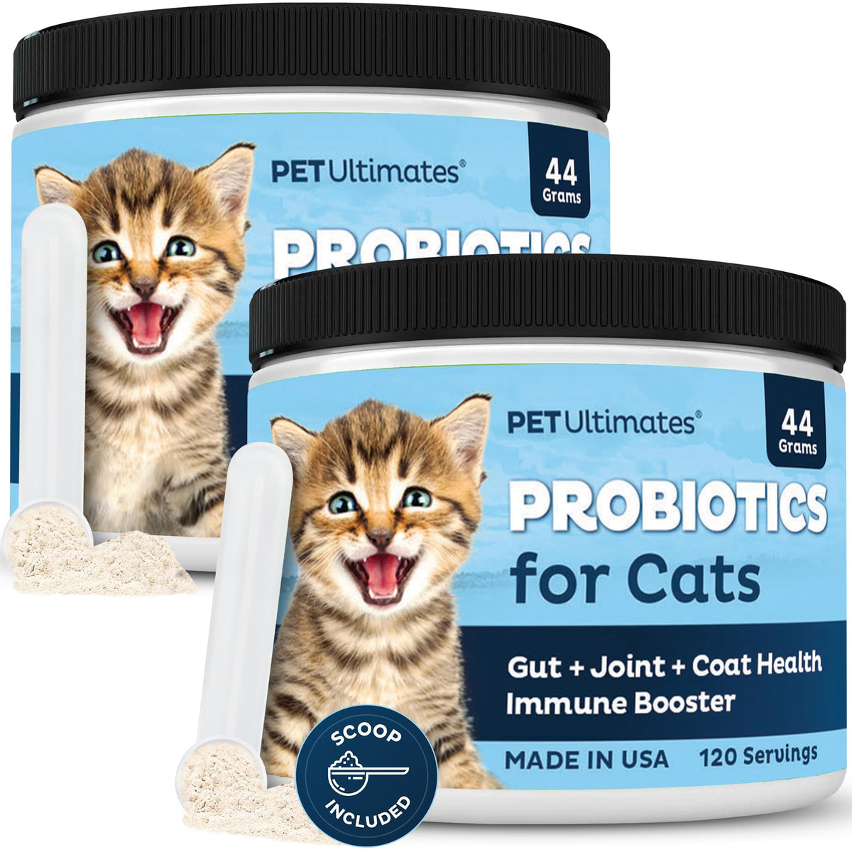 Pet Ultimates Probiotiques pour chats: bouteille de poudre prête à être ajoutée à la nourriture.