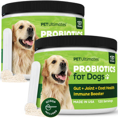 Flacon Pet Ultimates Probiotiques pour chiens, soutien digestif potentiel et vitalité.