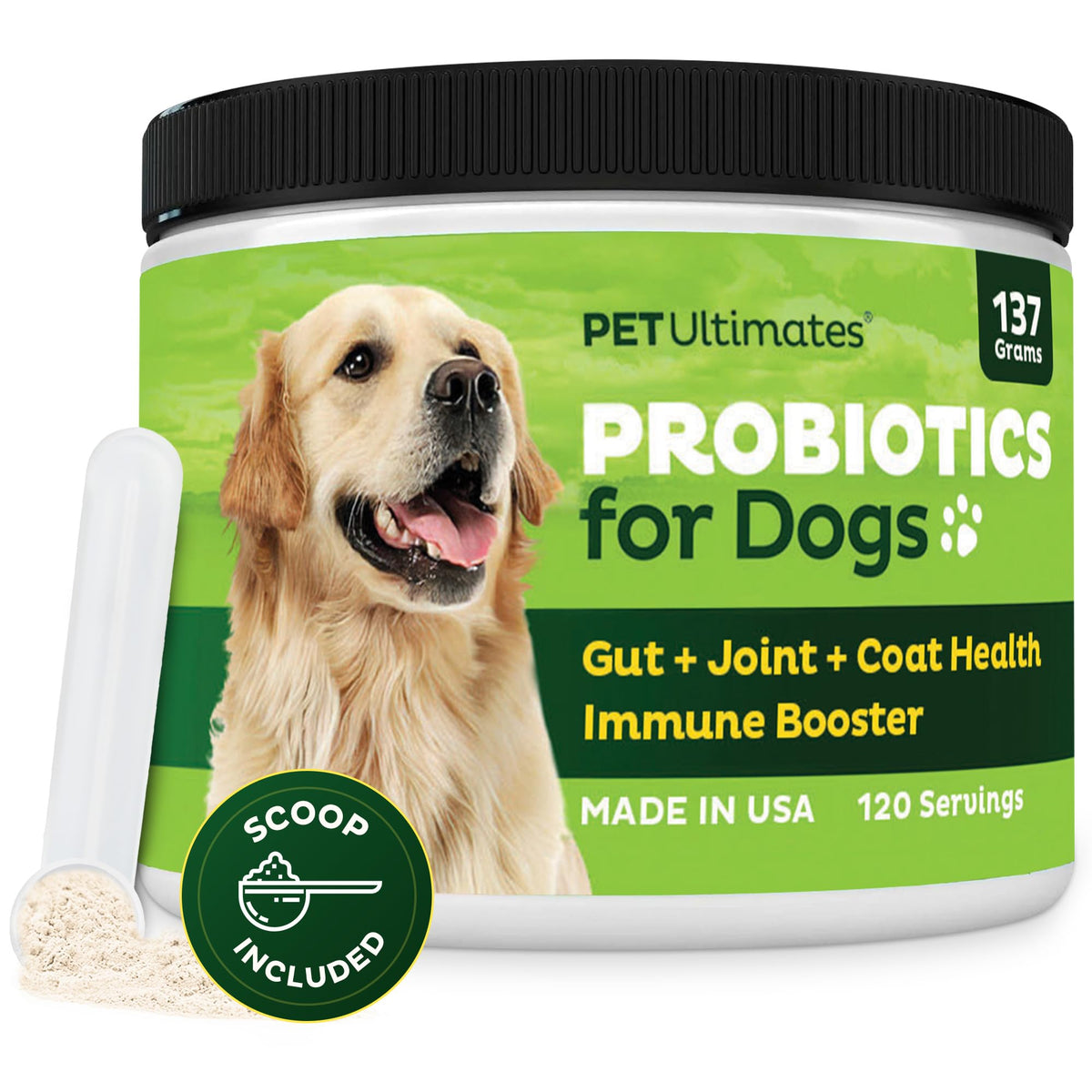 Pet Ultimates Probiotiques pour Chiens: flacon-poudre, dosage facile pour le confort digestif.