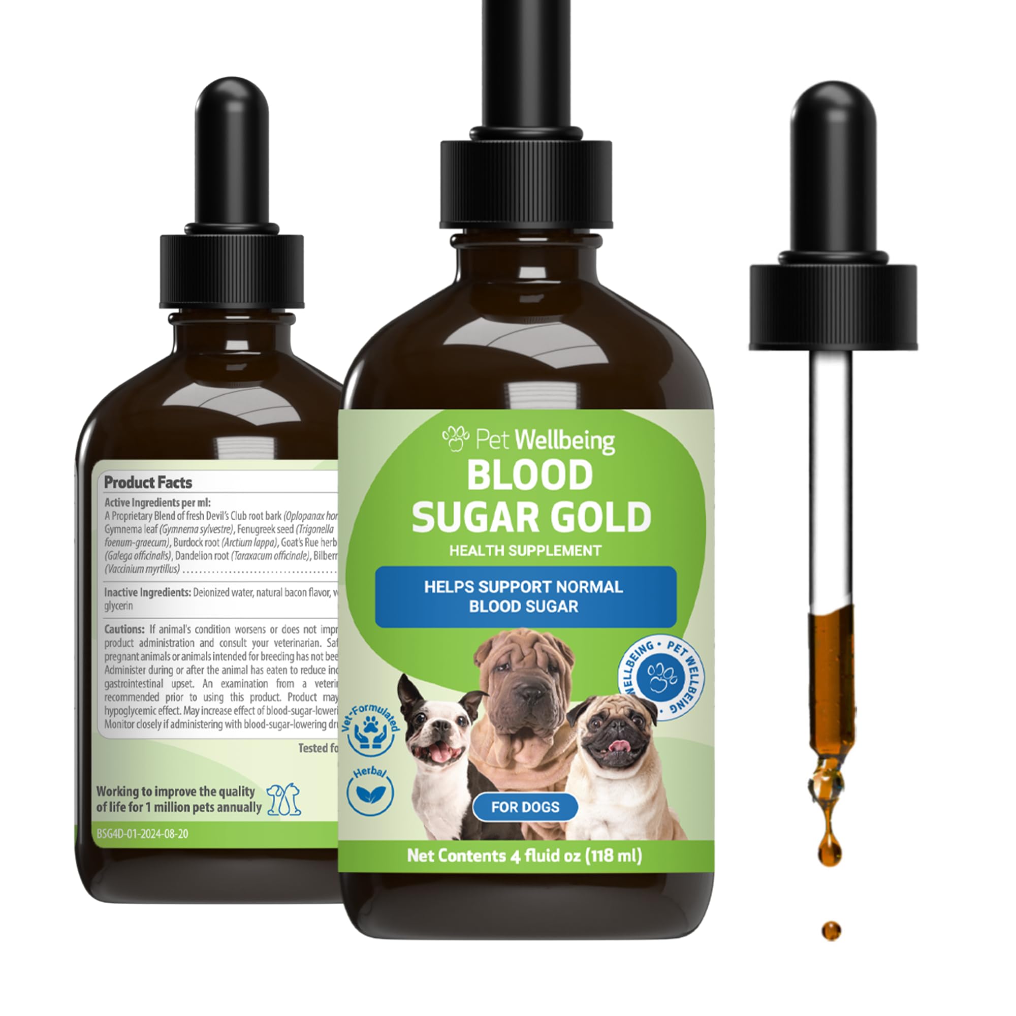 Pet Wellbeing Blood Sugar Gold pour chiens — bouteille et compte-gouttes pour soutien glycémie possible