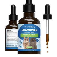 Pet Wellbeing Chamomile – Bouteille liquide, soutien digestif doux pour les chats.