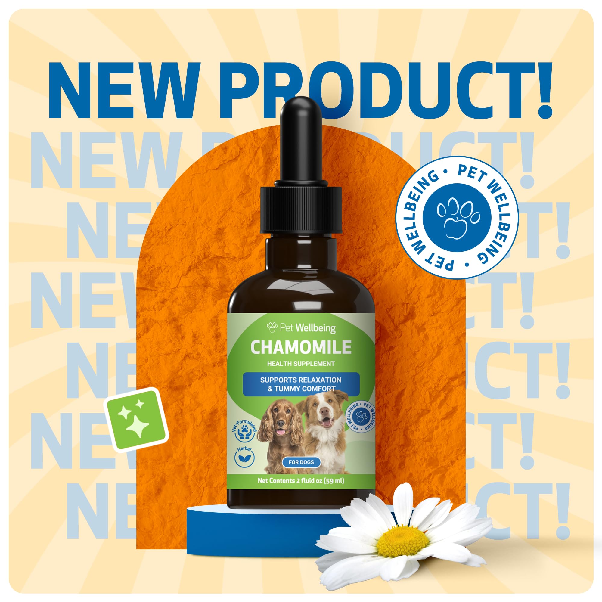 Pet Wellbeing Chamomile, gouttes faciles à administrer pour chiots et adultes.