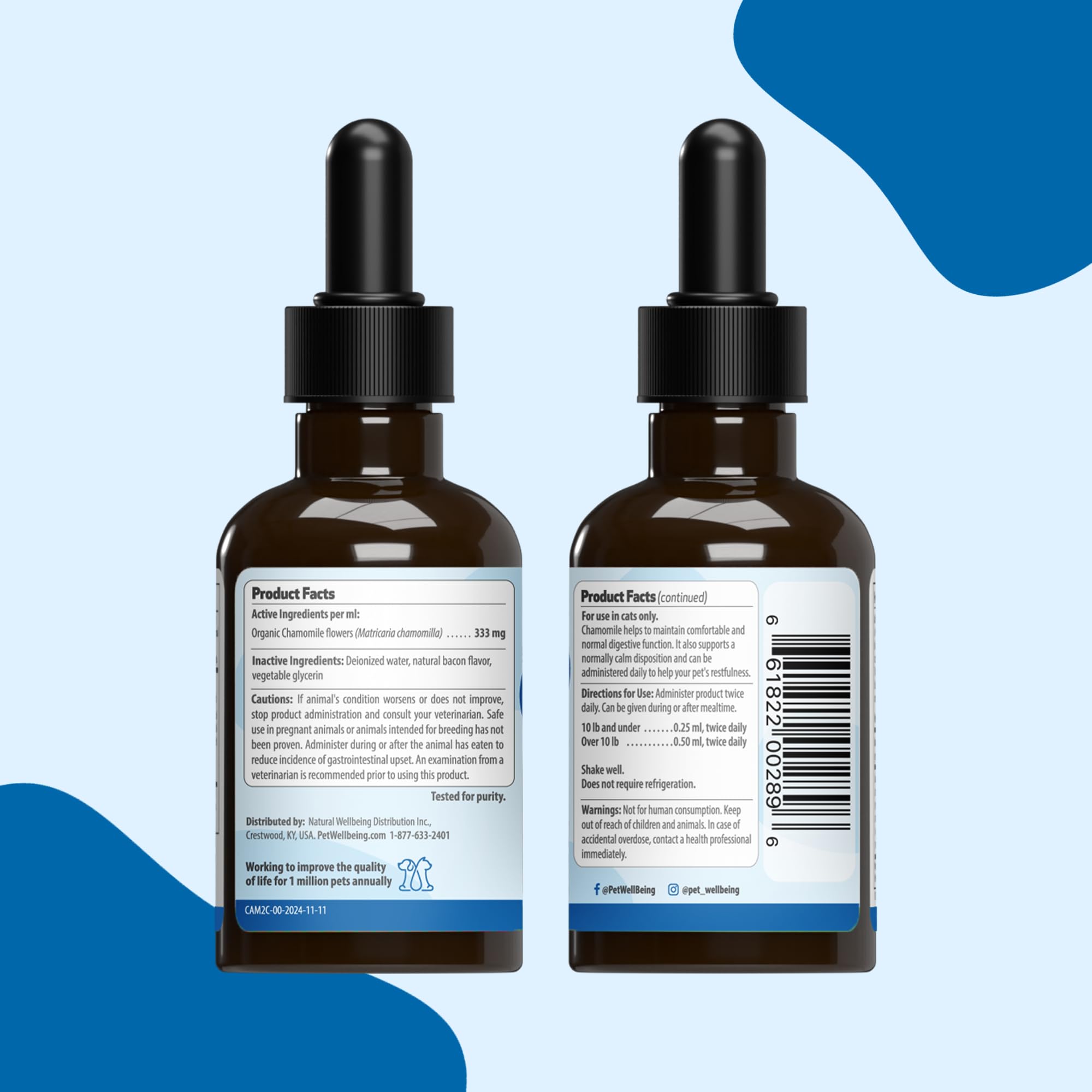 Pet Wellbeing Chamomile – Format 2 onces liquides (59 ml), solution légère pour le quotidien félin.