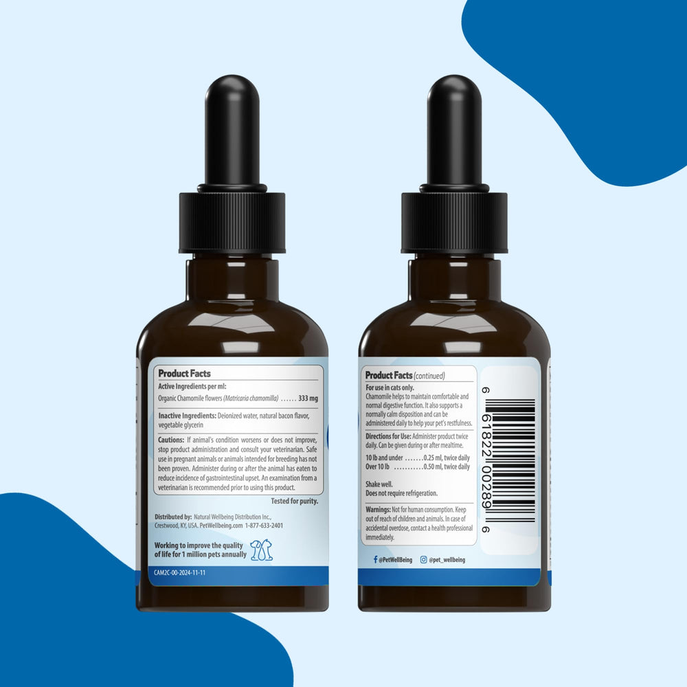 Pet Wellbeing Chamomile – Format 2 onces liquides (59 ml), solution légère pour le quotidien félin.