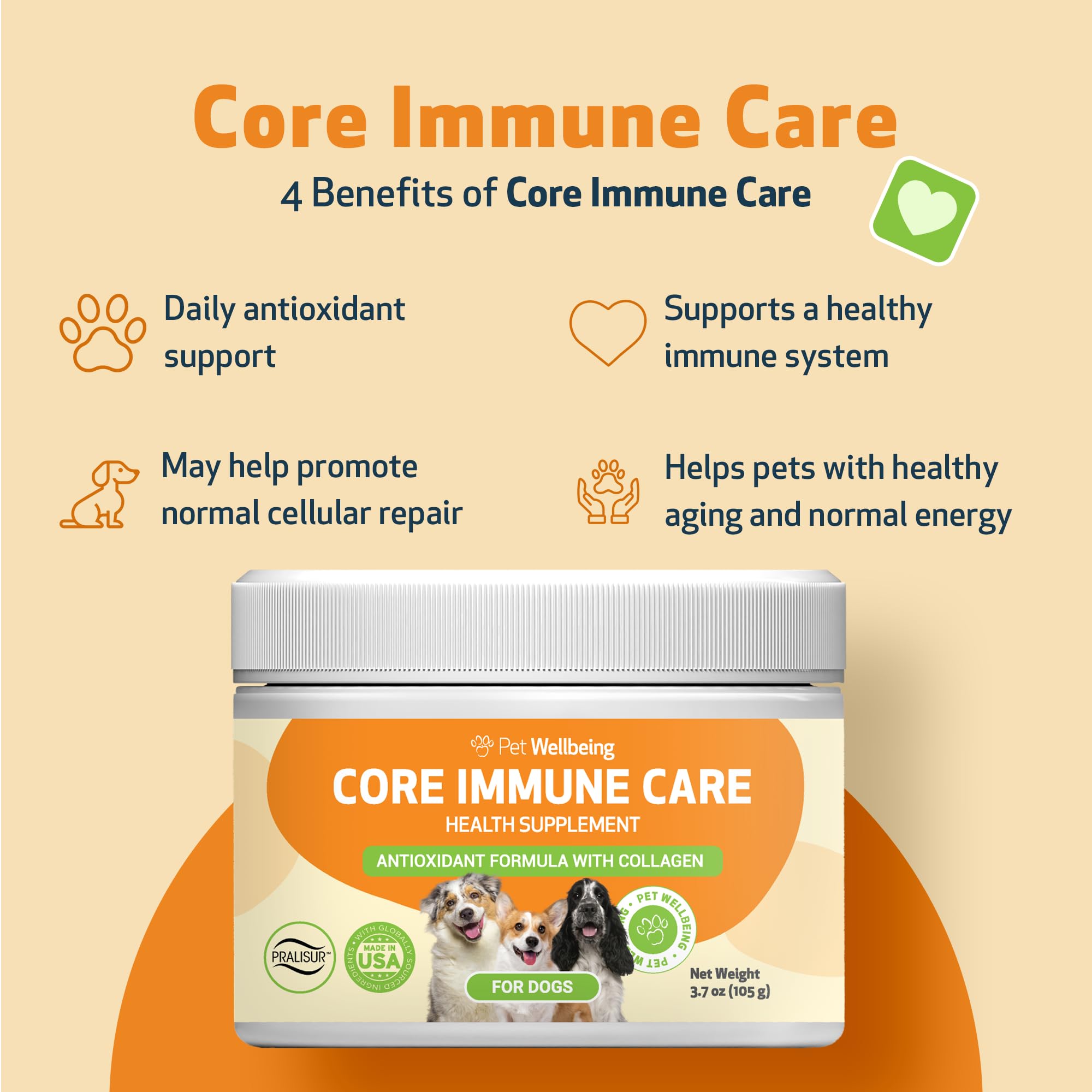 Pet Wellbeing Core Immune Care – Étiquette vétérinaire: formule holistique approuvée par des experts.