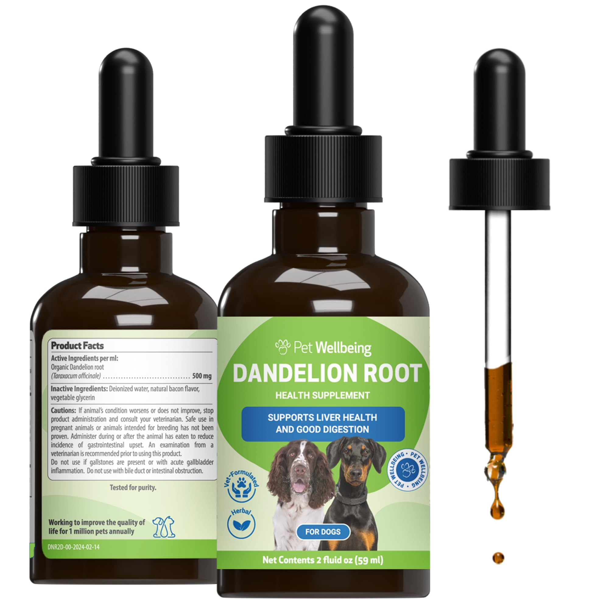 Pet Wellbeing Dandelion Root, bouteille 2oz, soutien digestif pour chien.
