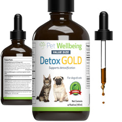 Pet Wellbeing Detox Gold — Bouteille, soutien détox et vitalité animale.