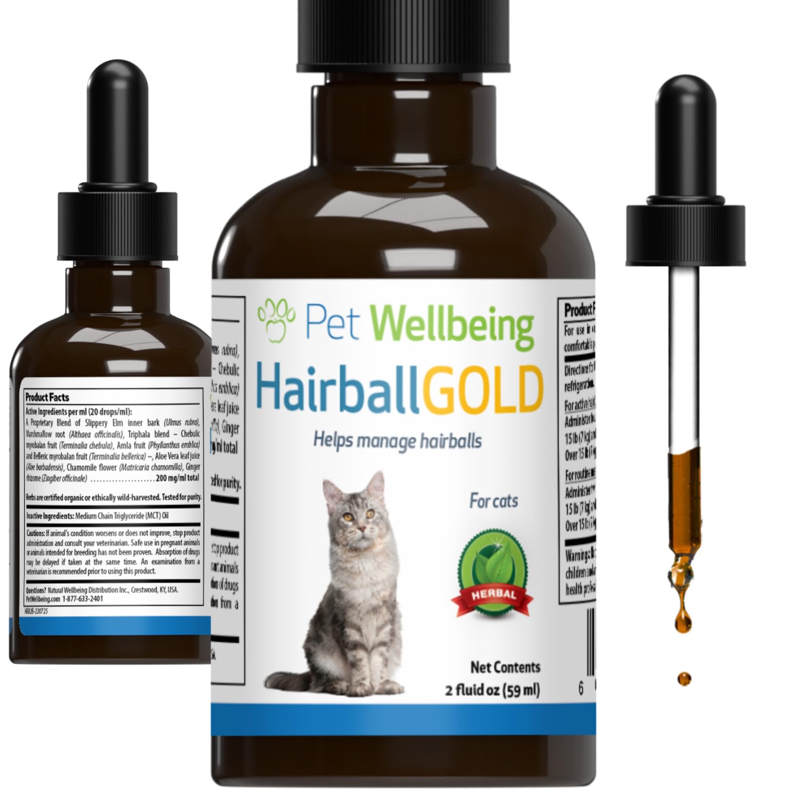 Pet Wellbeing Hairball Gold, flacon 59 ml, facilite le passage des boules de poils.