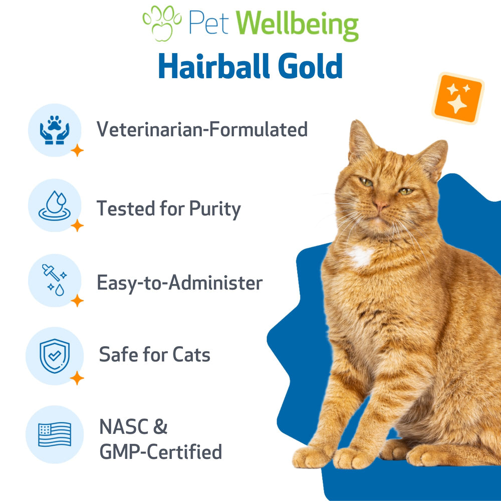 Pet Wellbeing Hairball Gold, formulé par des vétérinaires, fabriqué aux États‑Unis.