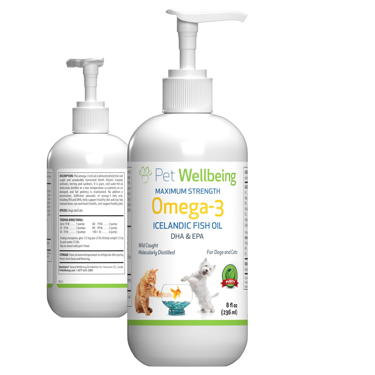 Bouteille Pet Wellbeing Omega-3 Islandais, soutien peau et pelage pour chien.